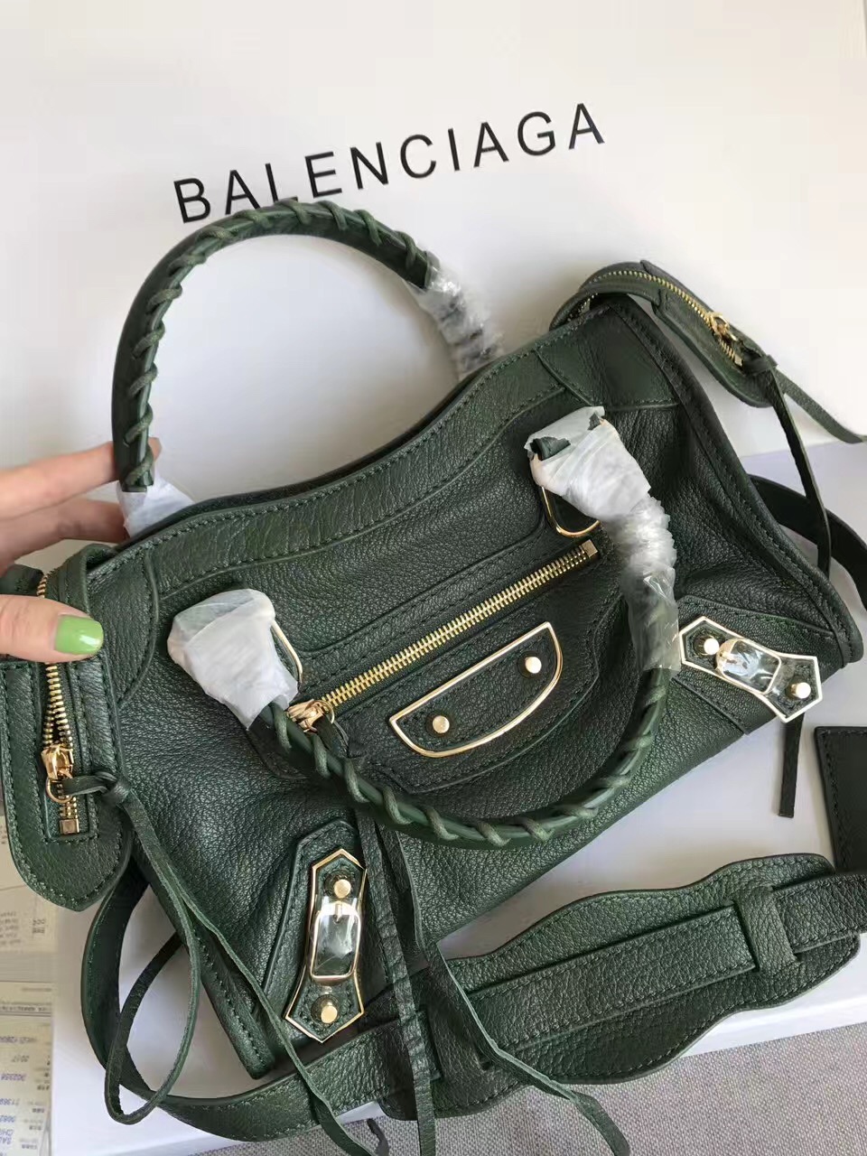 balenciaga city green small goatskin handbags