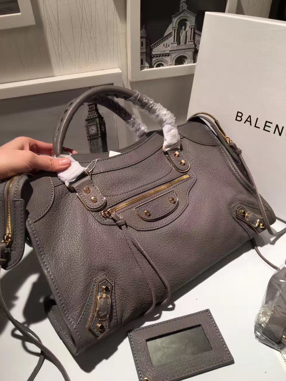 balenciaga city large gray goatskin dark handbags