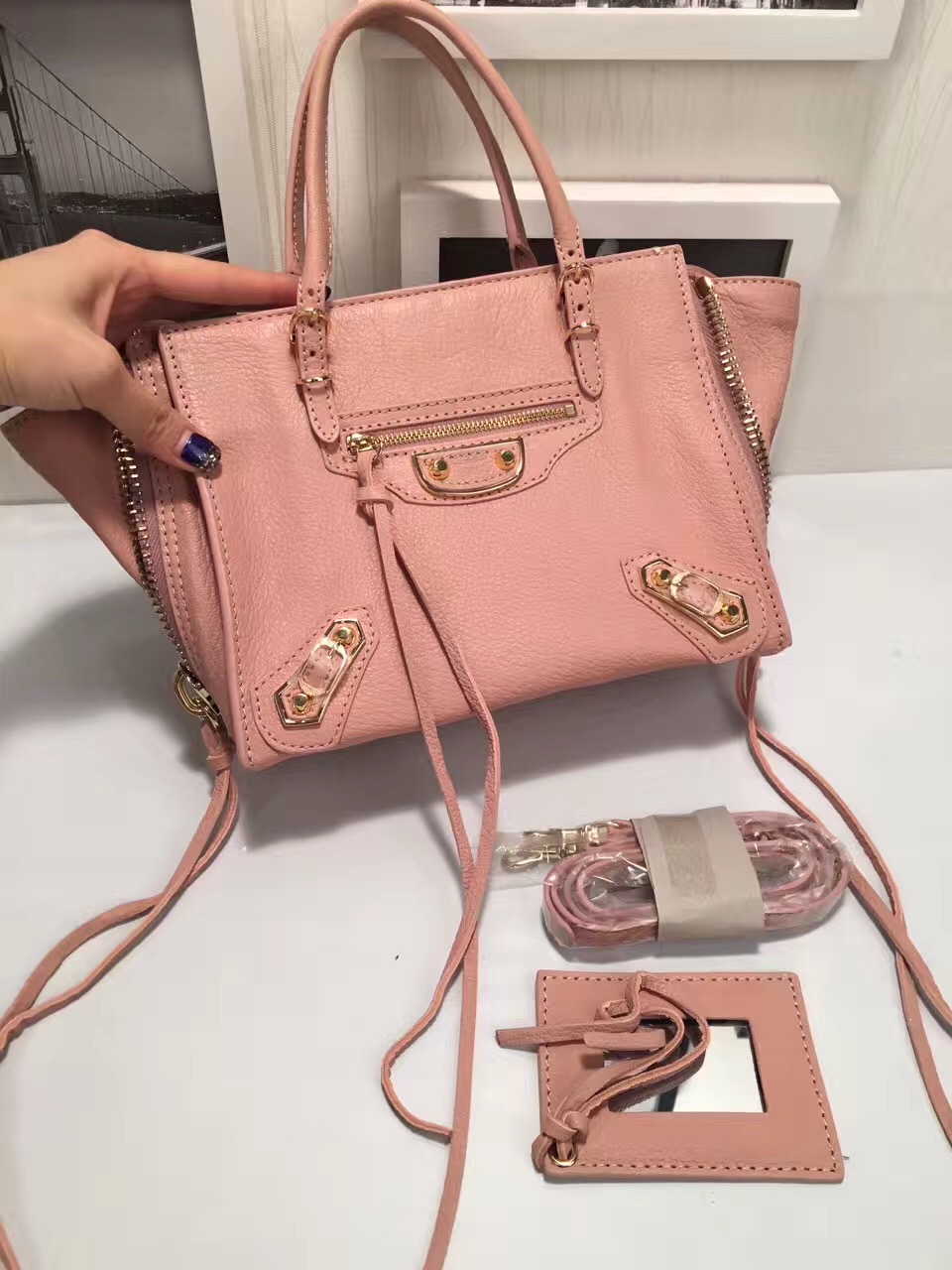 balenciaga city mini pink goatskin handbags