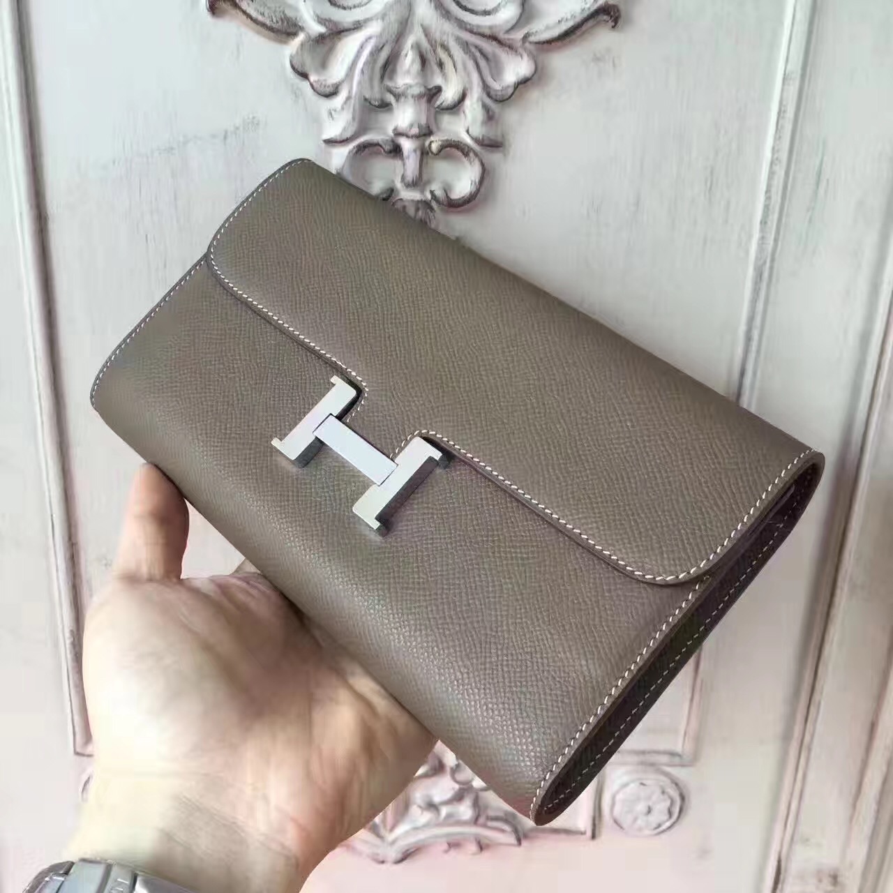 Hermes large Constance gray top leather wallet handbags