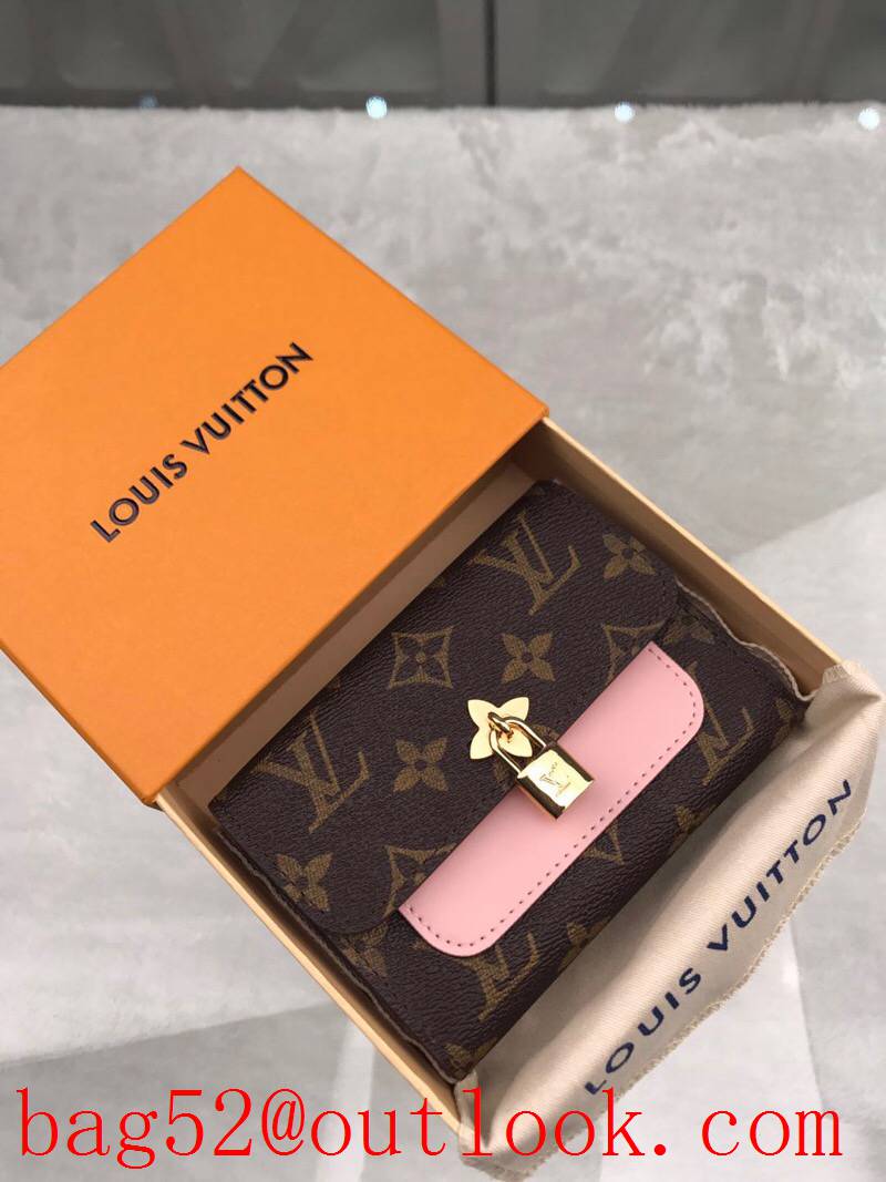 LV Louis Vuitton 3 folded monogram v pink leather flower lock wallet purse M62567