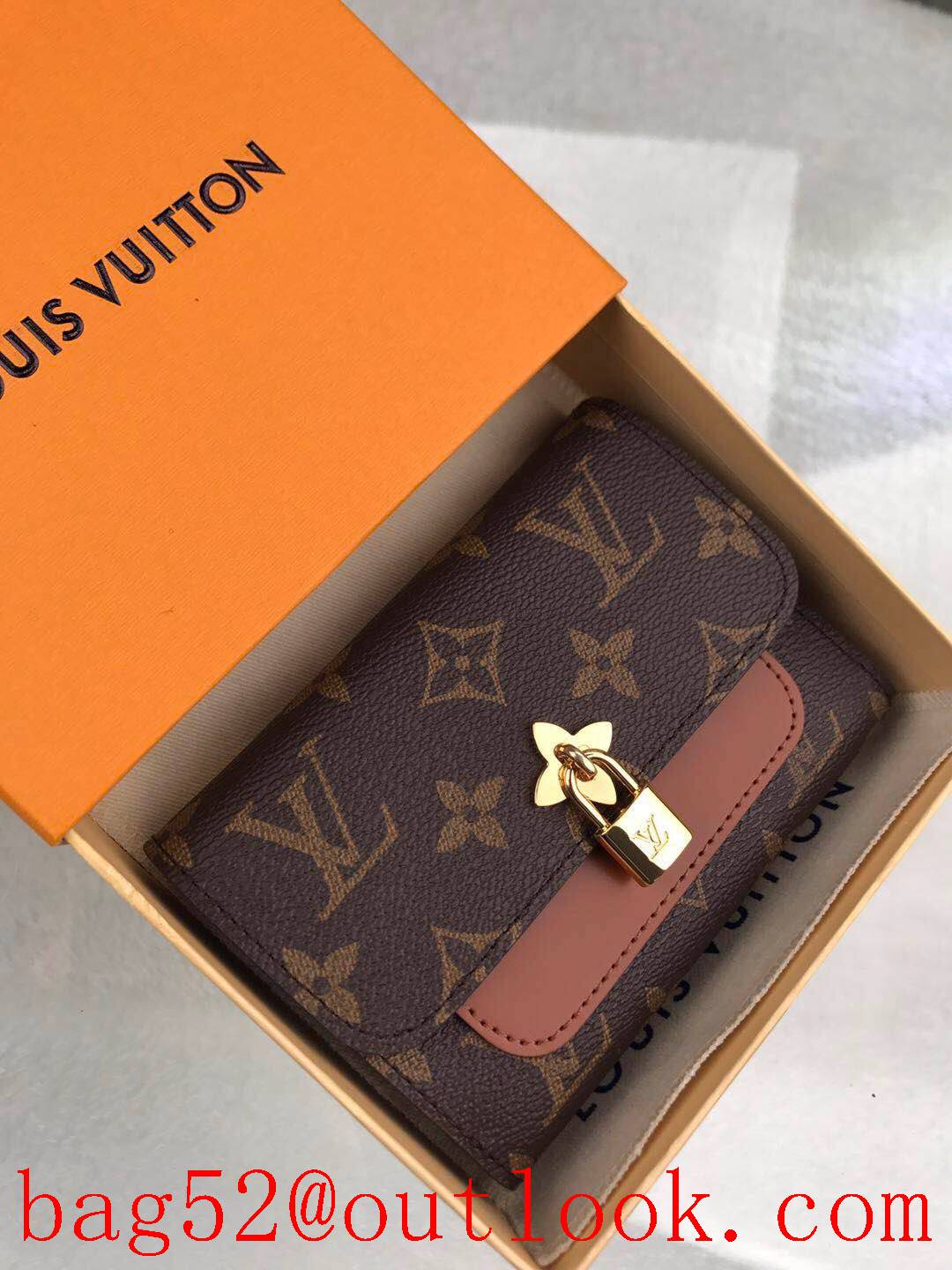 LV Louis Vuitton 3 folded monogram v brown leather flower lock wallet purse M67504