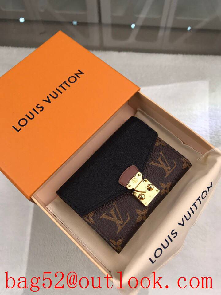 LV Louis Vuitton Pallas black leather v monogram 3 folded lock wallet purse M67479