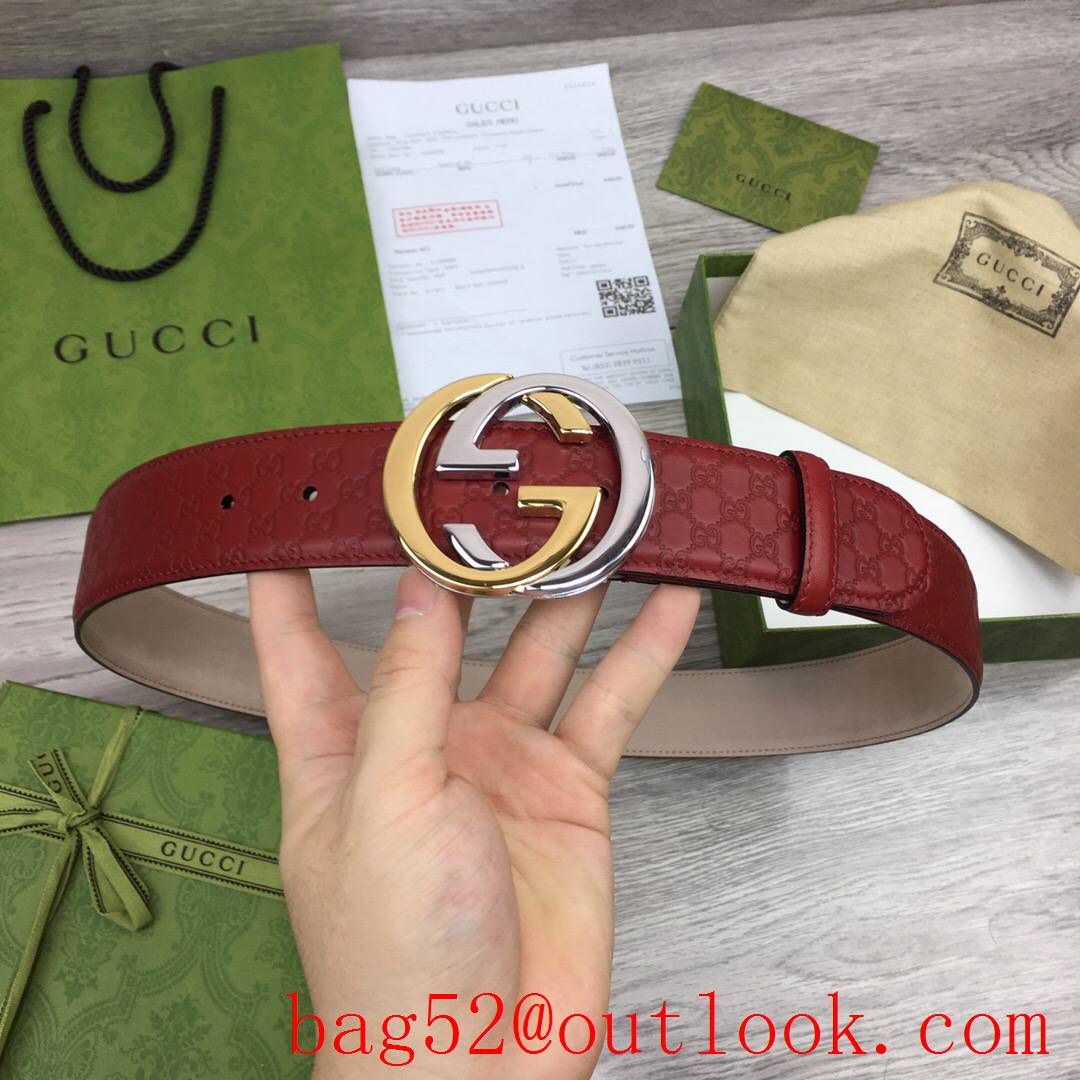 Gucci GG 4cm red leather shiny silver with gold buckle Signature belt