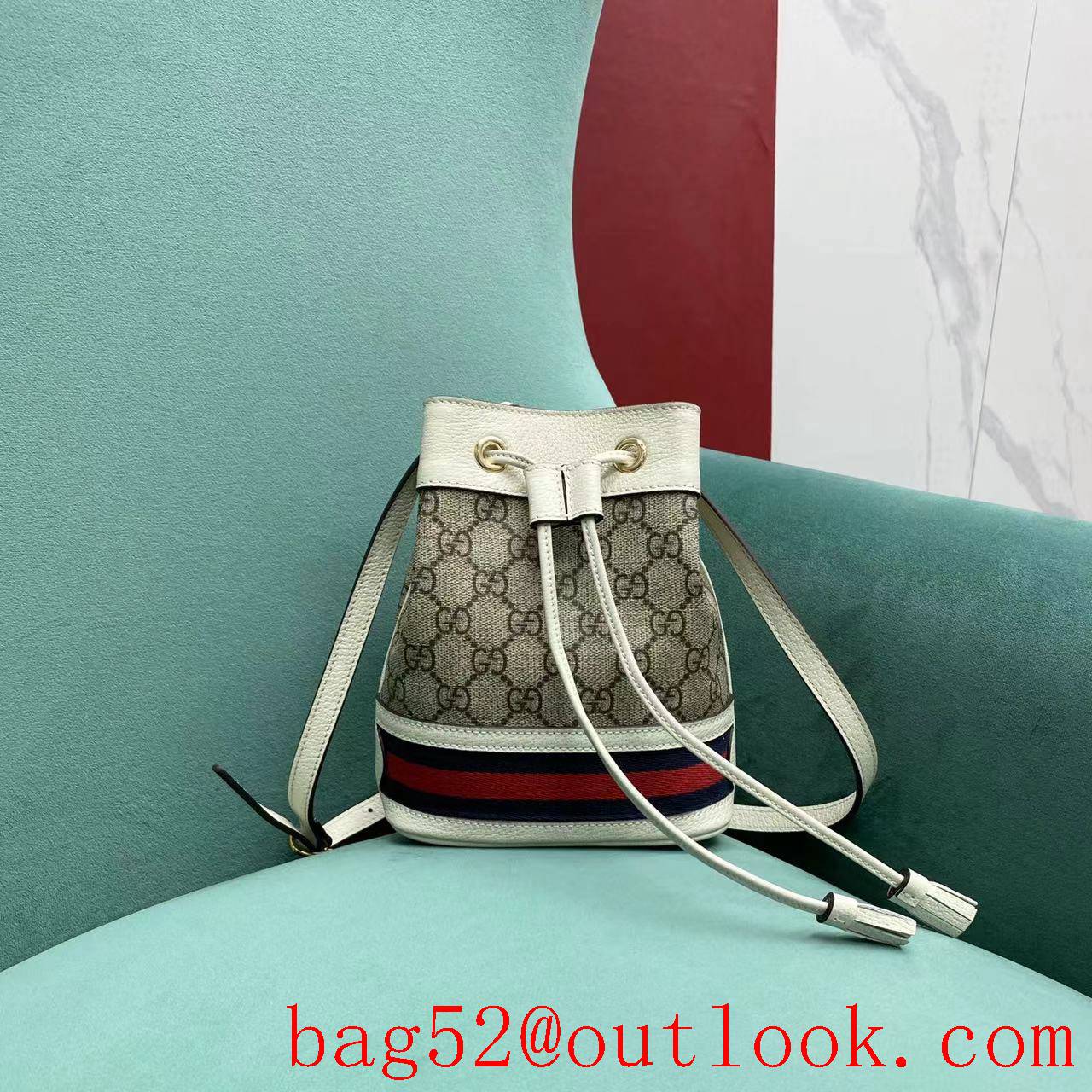 Gucci Ophidia Mini Bucket Combination of soft classic fabric and cowhide material cream shoulder handbag