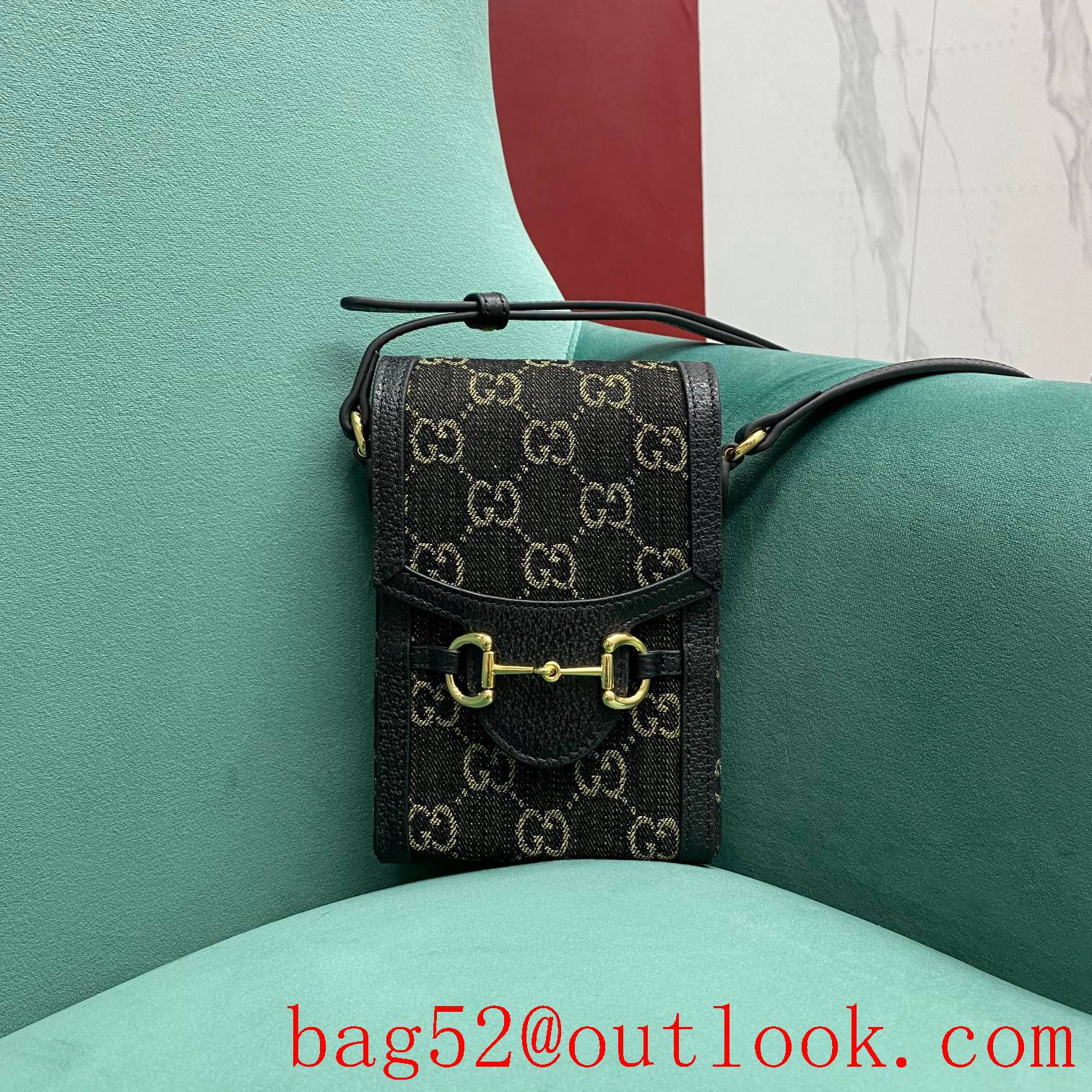 Gucci black denim with leather black crossbody handbag