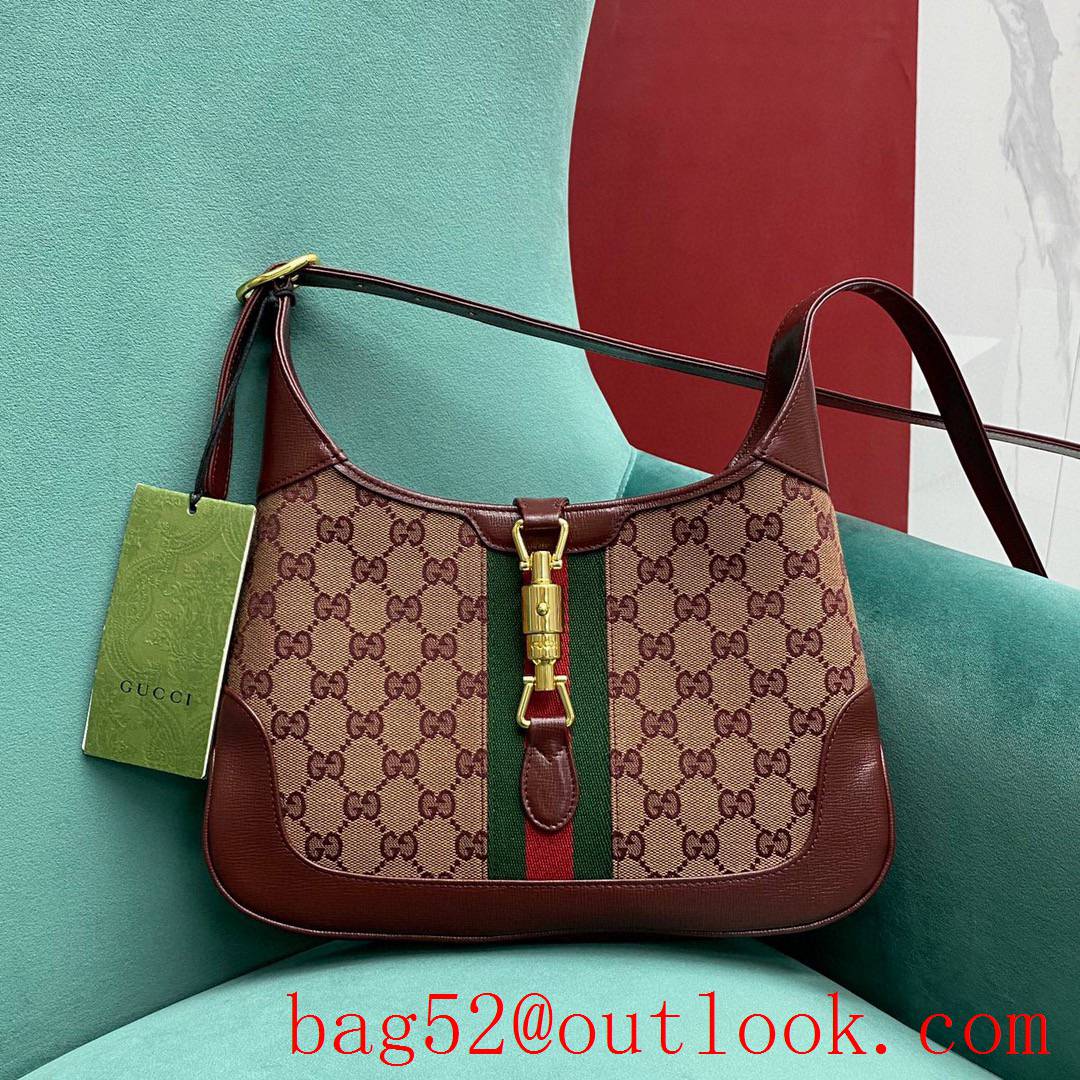 Gucci jackie 1961 burgundy leather trim with gg canvas winered crossbody handbag