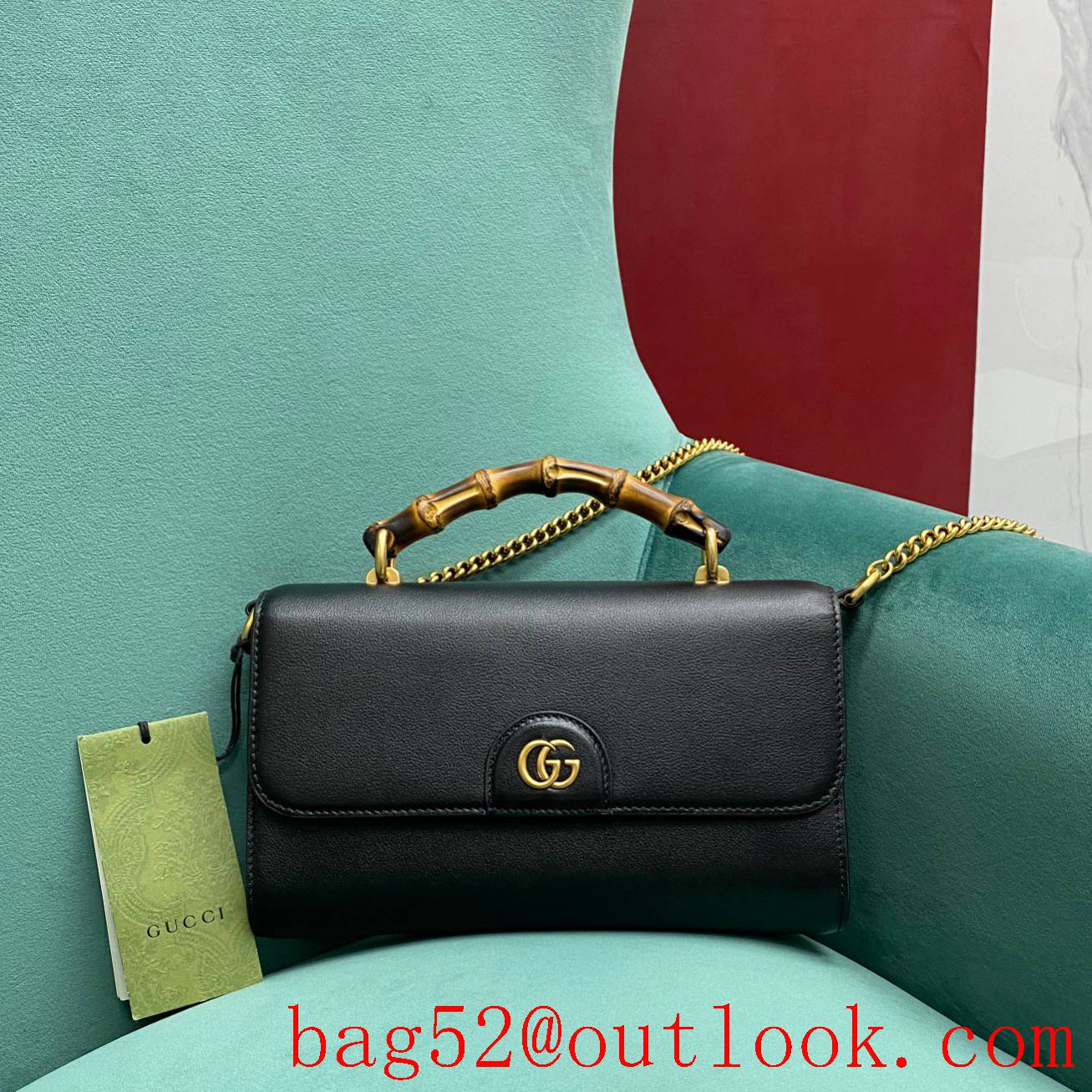 Gucci leather Bamboo chain black shoulder handbag