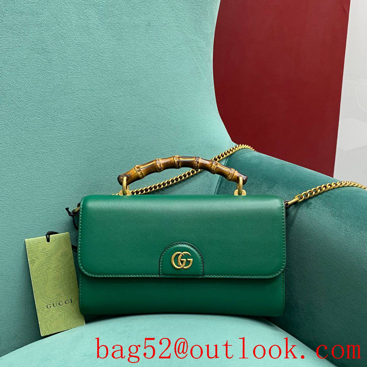 Gucci leather Bamboo chain green shoulder handbag