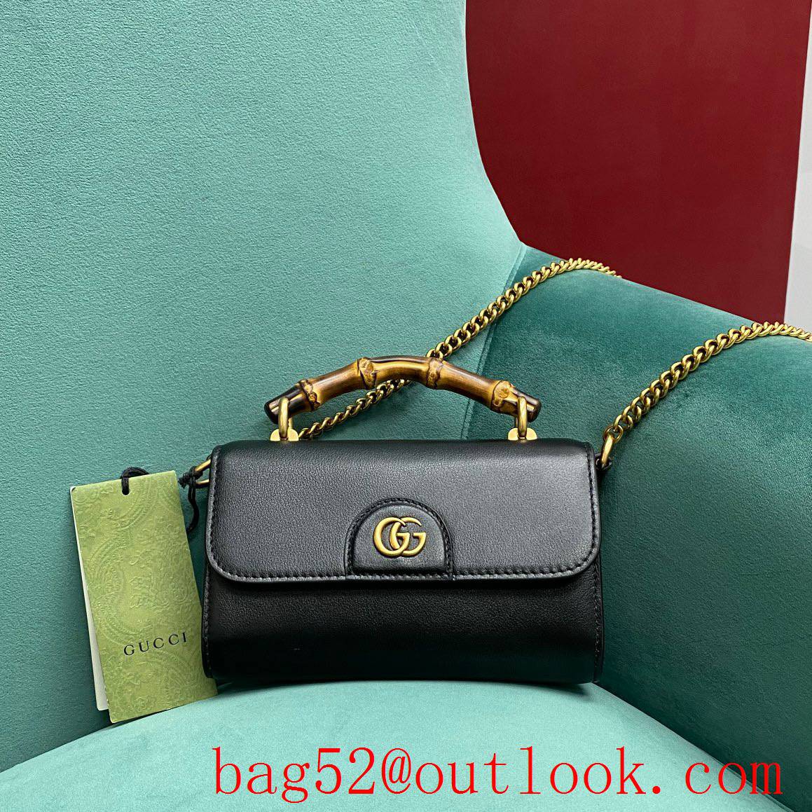 Gucci black Bamboo goldchain women's handbag