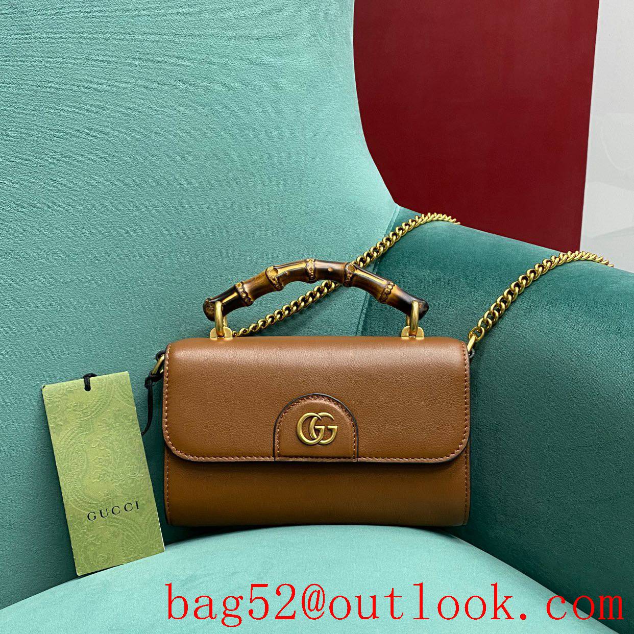 Gucci dark brown Bamboo goldchain women's handbag