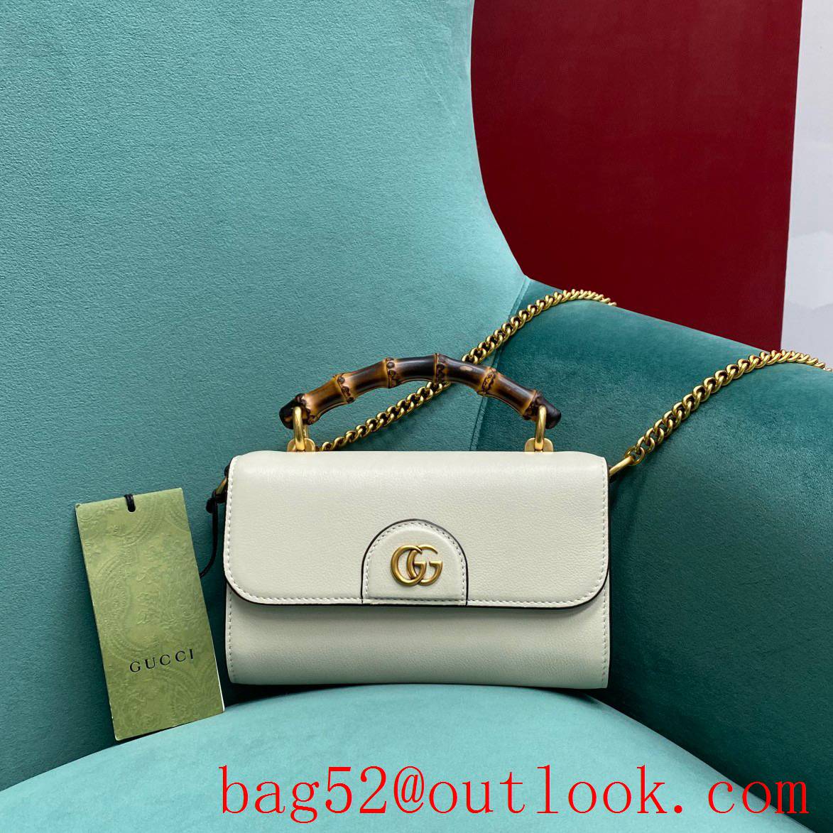 Gucci Bamboo goldchain women's white crossbody handbag