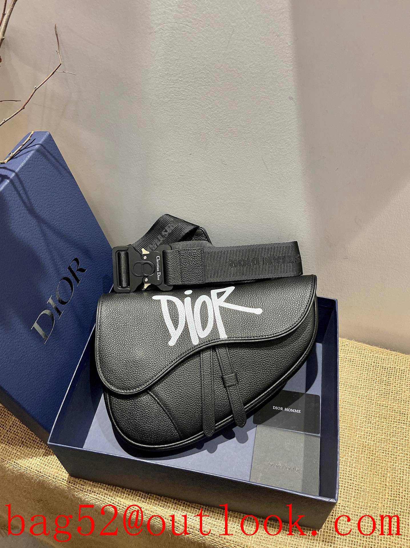 Dior men saddle black with white logo special strap buckle shoulder crossbody handbag