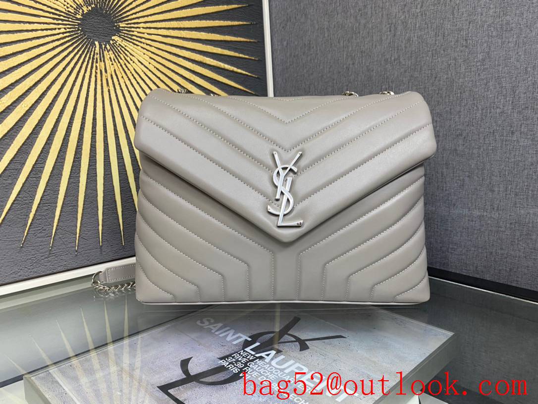 Saint Laurent YSL Calfskin Leather Large Loulou Shoulder Bag Handbag Gray 459749