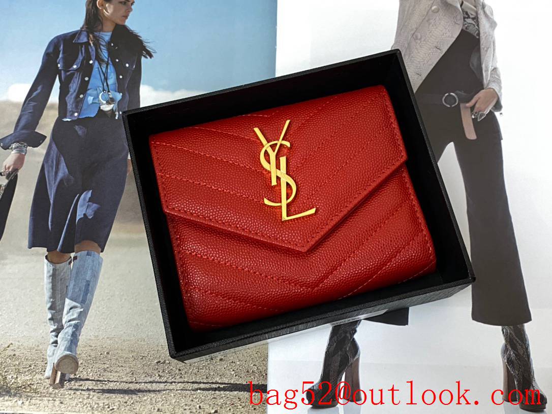 YSL Saint Laurent Monogram Compact Tri Fold Wallet Purse Grain Leather Red 403943