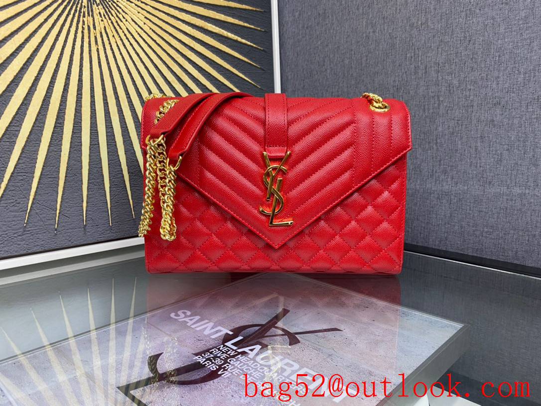 YSL Saint Laurent Monogram Medium Envelope Bag Handbag Grain Leather Red 487206