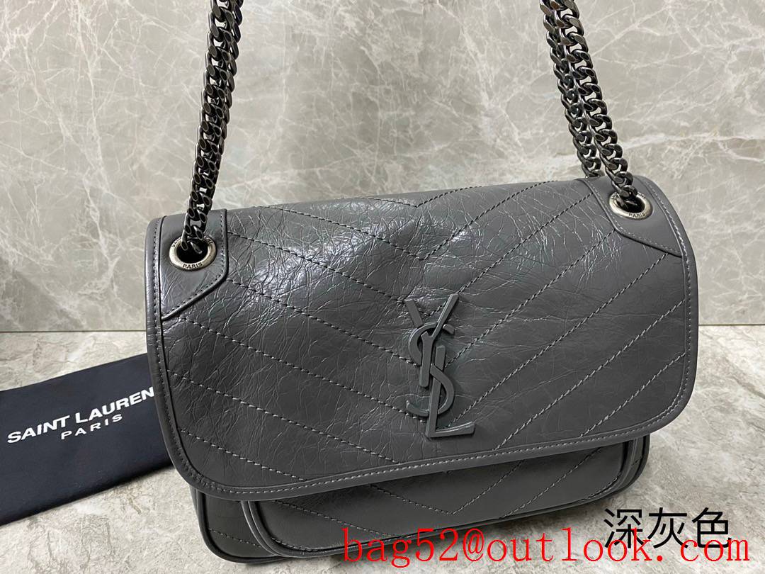 YSL Saint Laurent Niki Medium Bag Handbag in Crinkled Leather Dark Gray 498894